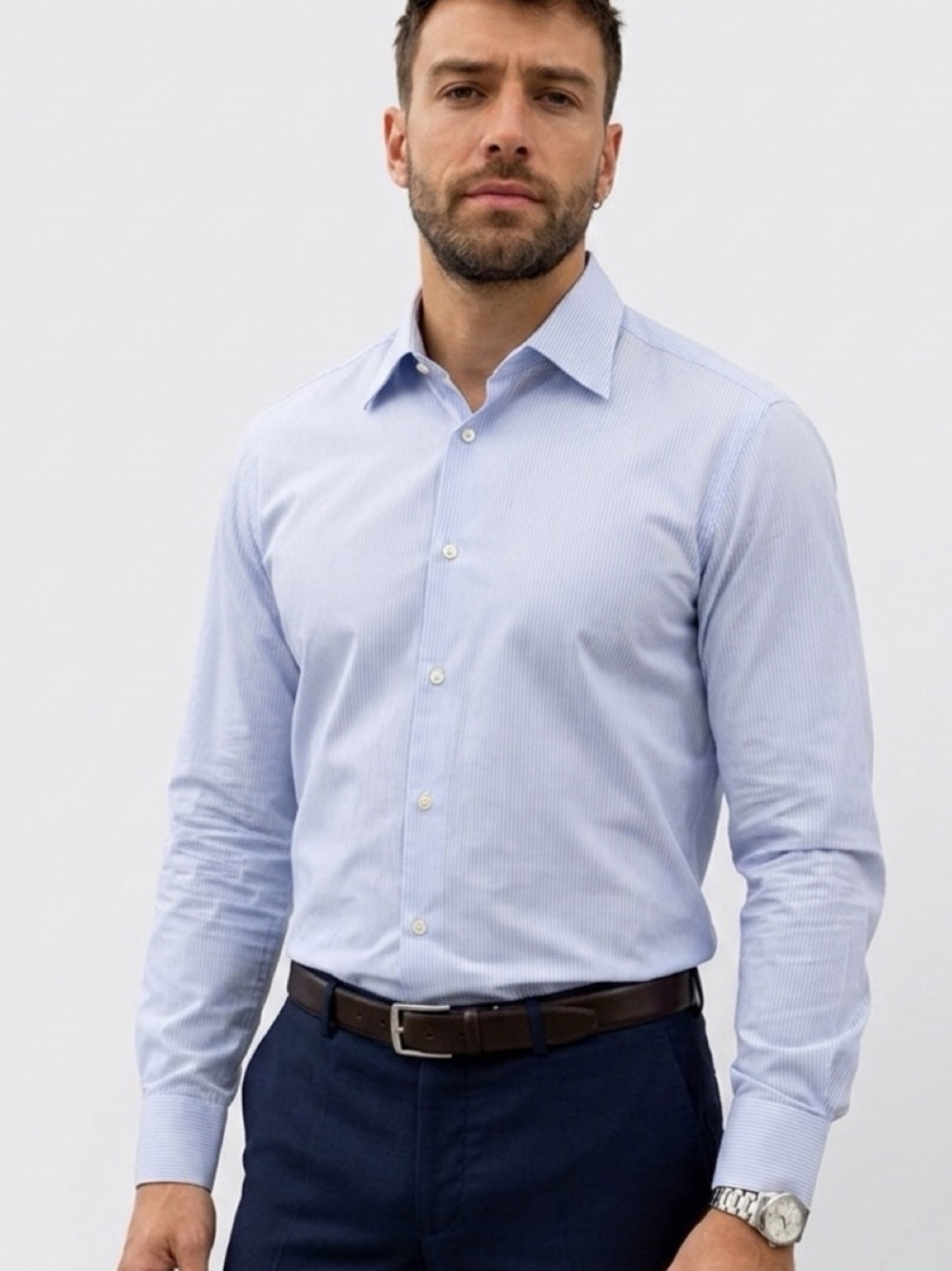 Armani Collezioni Men’s Large 41 16 Blue White Stripe Cotton Dress Shirt